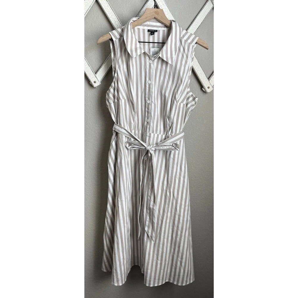 NWT! Torrid Women's 2 2X Tie Waist Poplin Shirt Dress Taupe & White Stripe